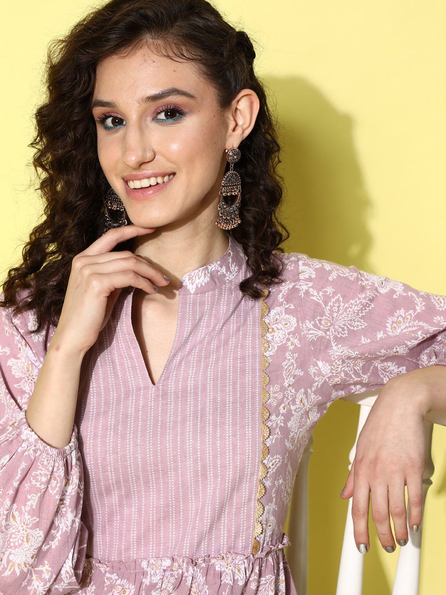 Ahalyaa Mauve & White Floral Print Puff Sleeves Ethnic Dress | Swadesiicart
