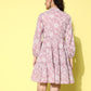 Ahalyaa Mauve & White Floral Print Puff Sleeves Ethnic Dress | Swadesiicart
