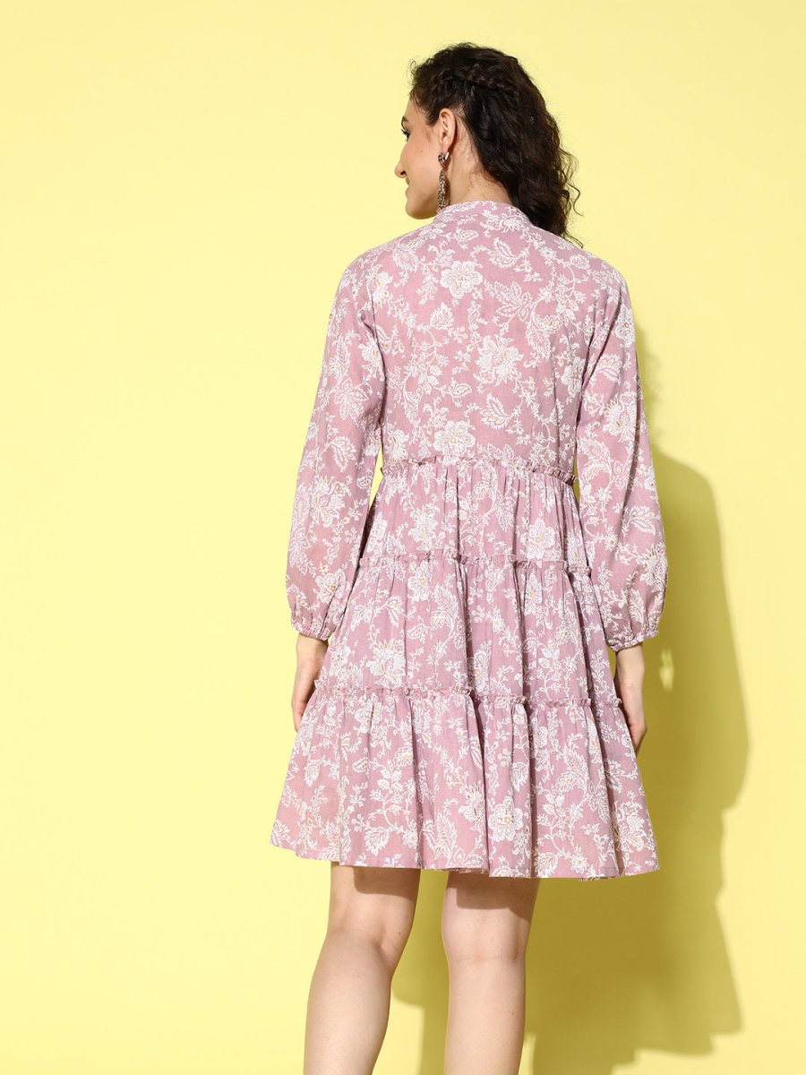 Ahalyaa Mauve & White Floral Print Puff Sleeves Ethnic Dress | Swadesiicart