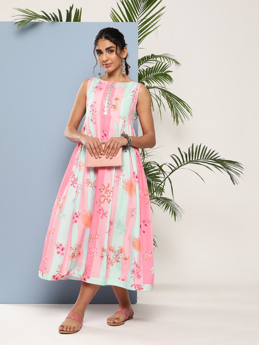 Ahalyaa Women Floral Printed Empire Midi Ethnic Dress | Swadesiicart