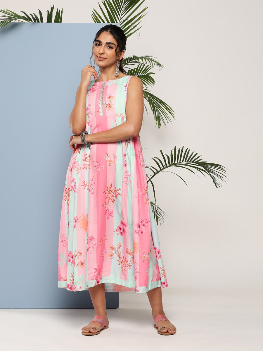 Ahalyaa Women Floral Printed Empire Midi Ethnic Dress | Swadesiicart
