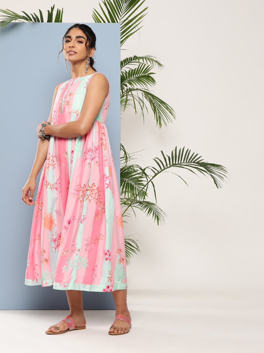 Ahalyaa Women Floral Printed Empire Midi Ethnic Dress | Swadesiicart