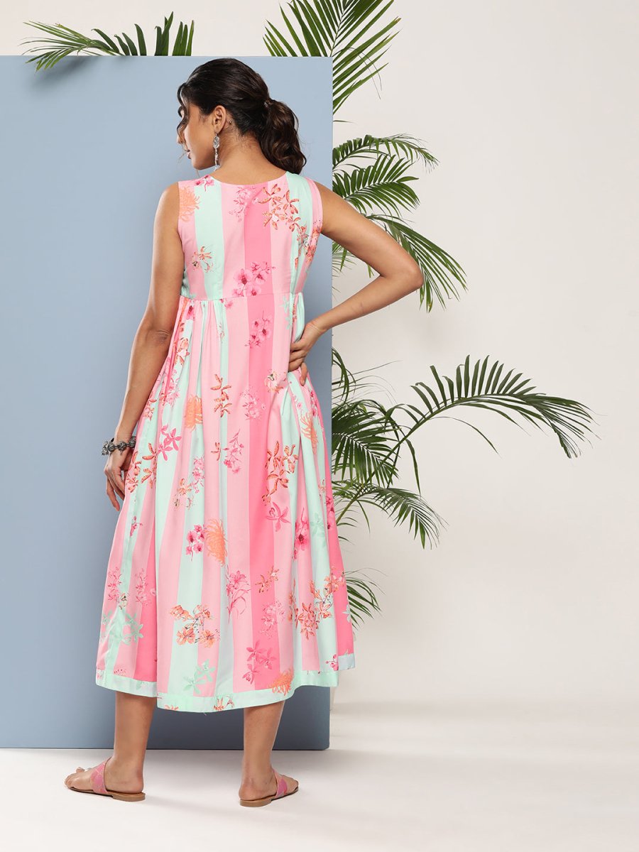 Ahalyaa Women Floral Printed Empire Midi Ethnic Dress | Swadesiicart