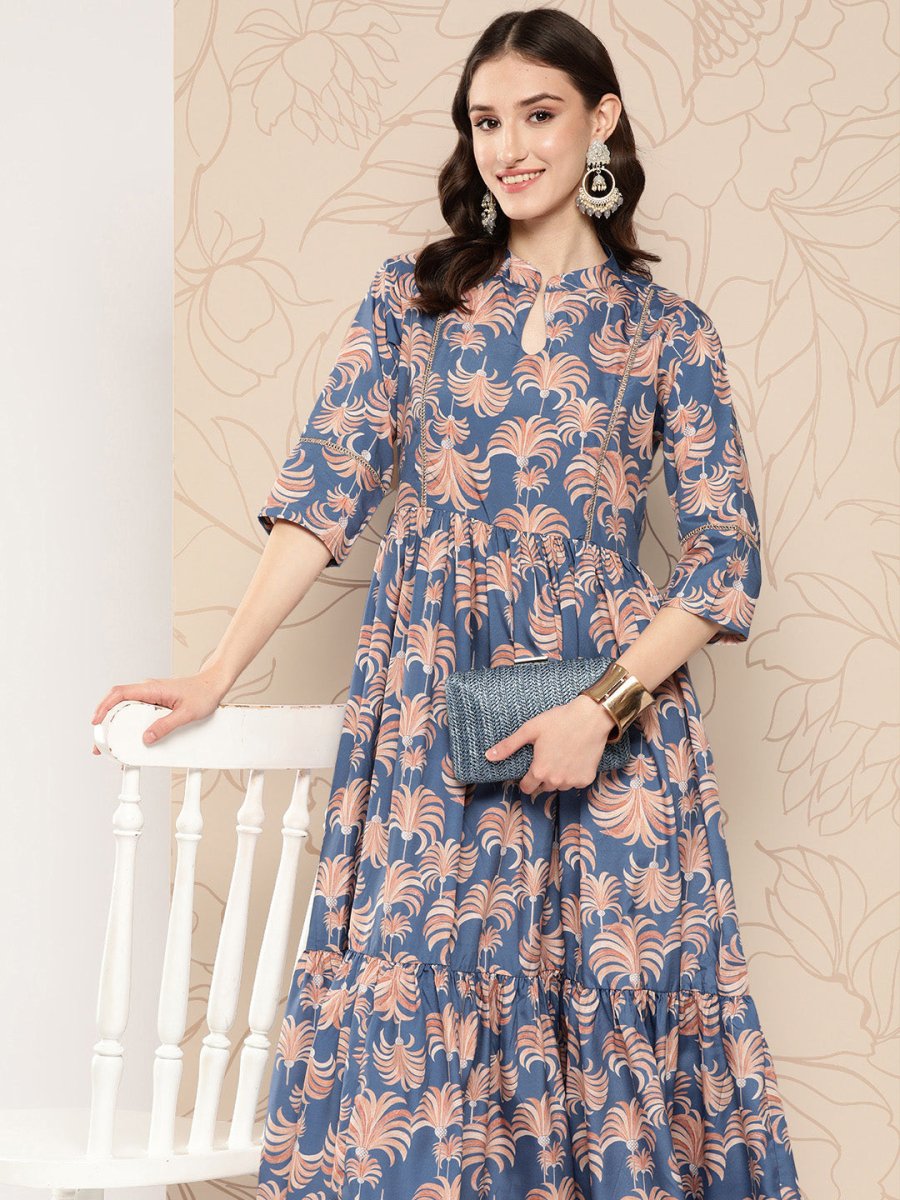 Ahalyaa Floral Printed Gathered Crepe Empire Ethnic Dress | Swadesiicart