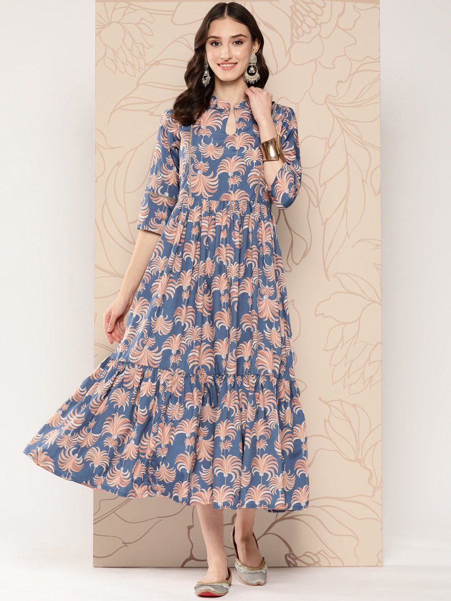 Ahalyaa Floral Printed Gathered Crepe Empire Ethnic Dress | Swadesiicart