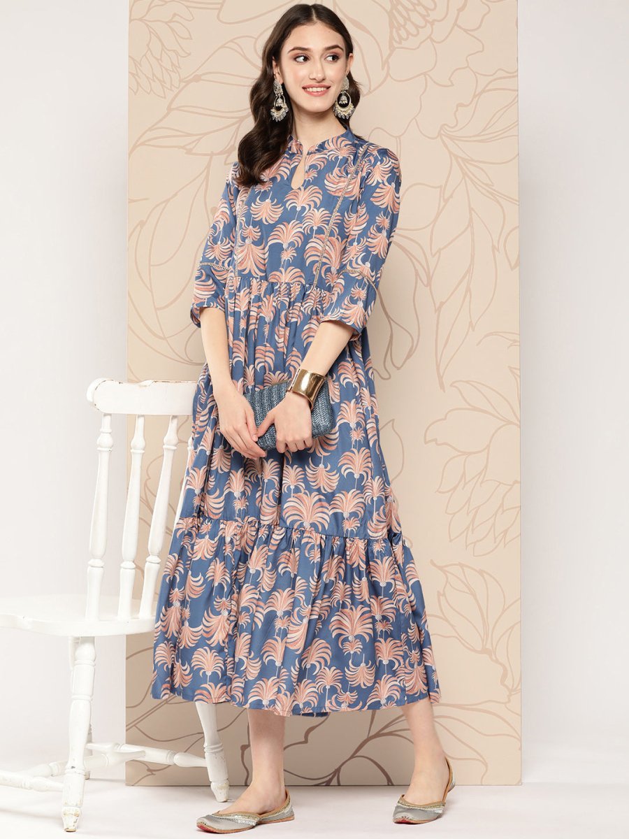Ahalyaa Floral Printed Gathered Crepe Empire Ethnic Dress | Swadesiicart