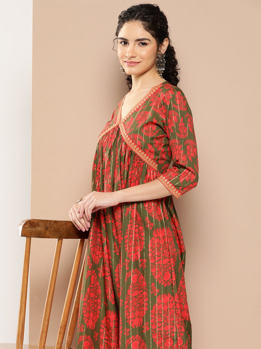 Ahalyaa Floral Print Crepe A-Line Midi Dress | Swadesiicart