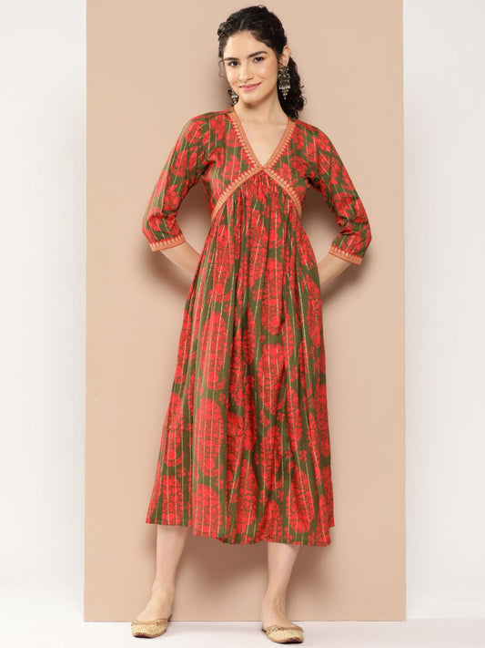 Ahalyaa Floral Print Crepe A-Line Midi Dress | Swadesiicart