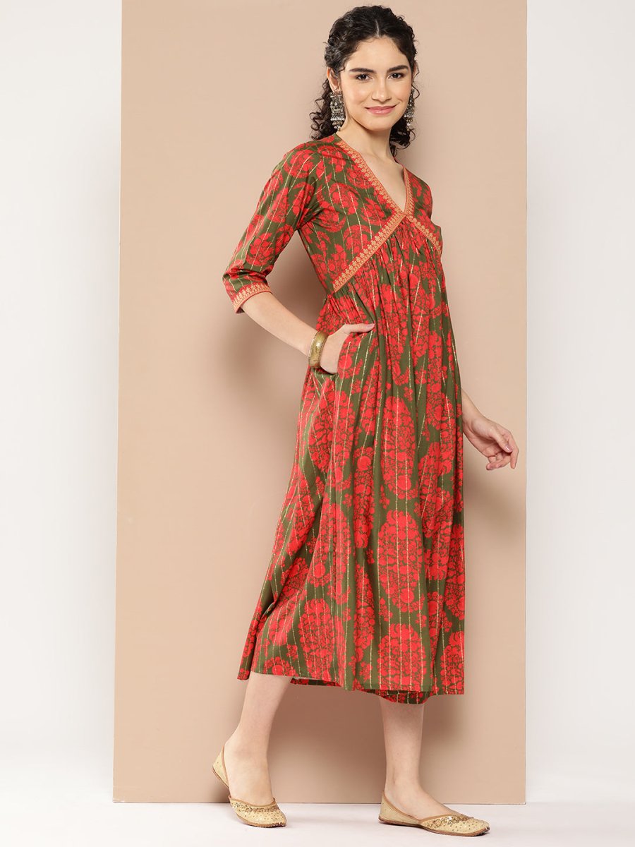 Ahalyaa Floral Print Crepe A-Line Midi Dress | Swadesiicart