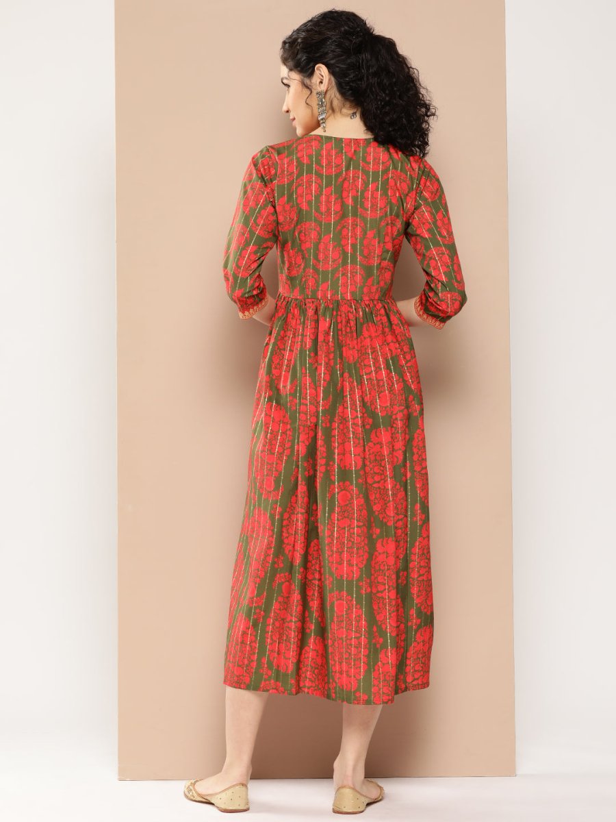 Ahalyaa Floral Print Crepe A-Line Midi Dress | Swadesiicart
