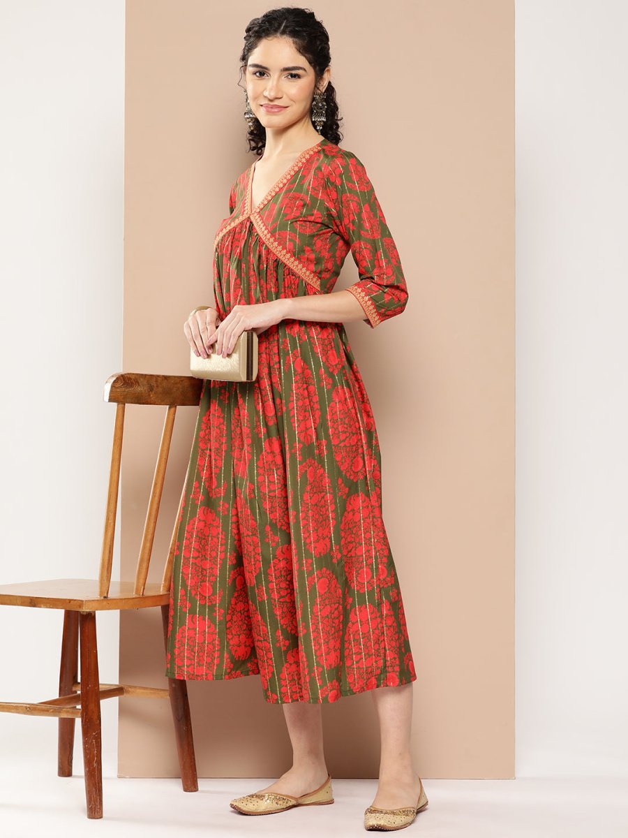 Ahalyaa Floral Print Crepe A-Line Midi Dress | Swadesiicart