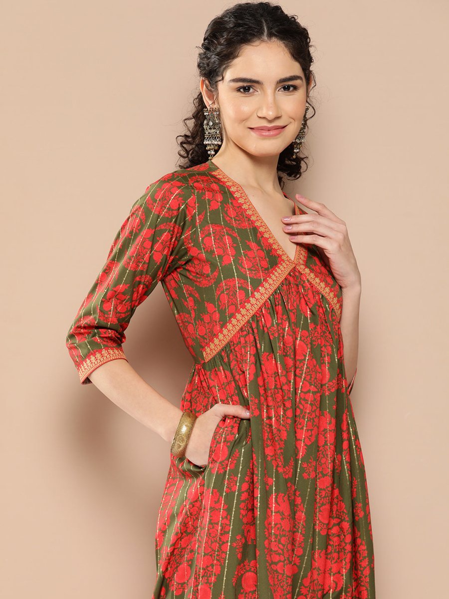 Ahalyaa Floral Print Crepe A-Line Midi Dress | Swadesiicart