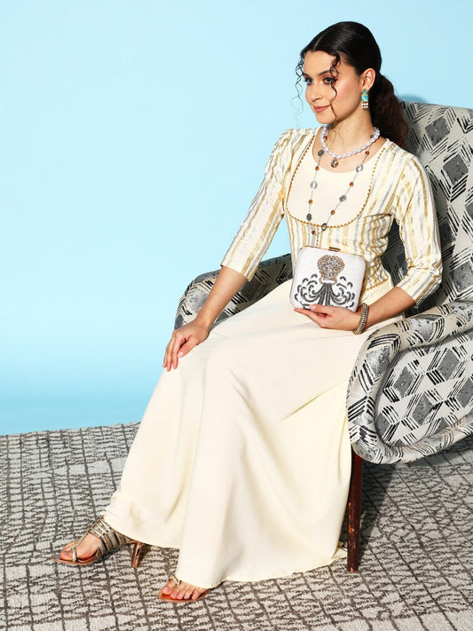 Ahalyaa Women Striped Crepe Maxi Ethnic Dress With Gotta Patti Detail | Swadesiicart