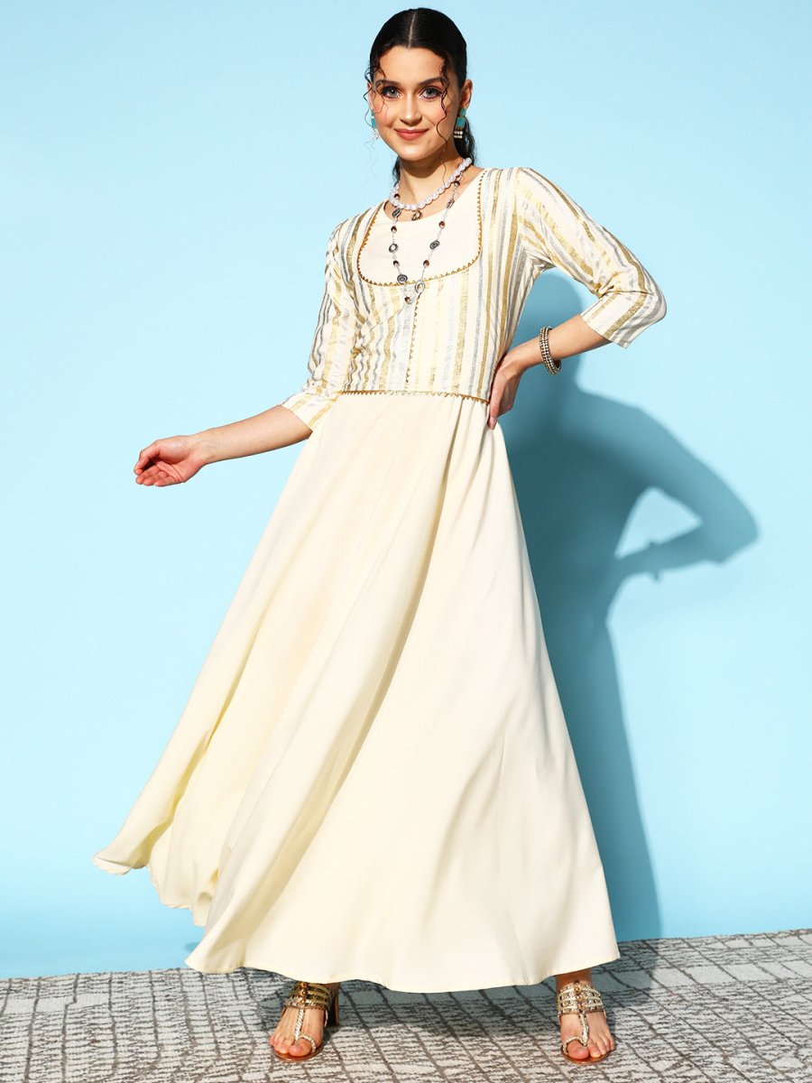 Ahalyaa Women Striped Crepe Maxi Ethnic Dress With Gotta Patti Detail | Swadesiicart