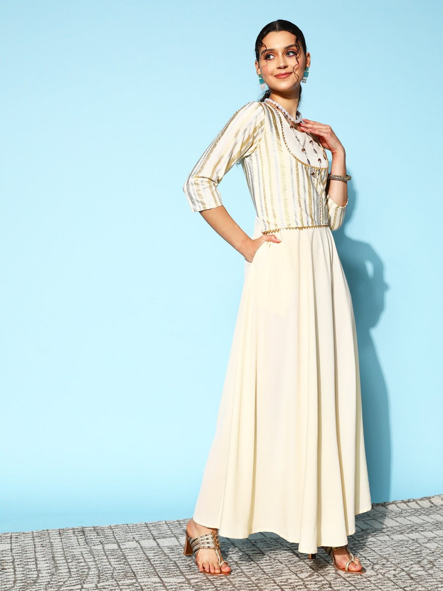 Ahalyaa Women Striped Crepe Maxi Ethnic Dress With Gotta Patti Detail | Swadesiicart