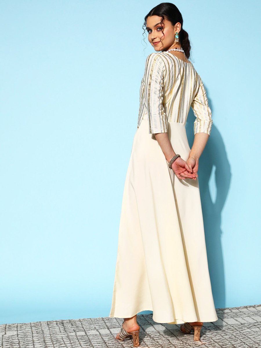 Ahalyaa Women Striped Crepe Maxi Ethnic Dress With Gotta Patti Detail | Swadesiicart