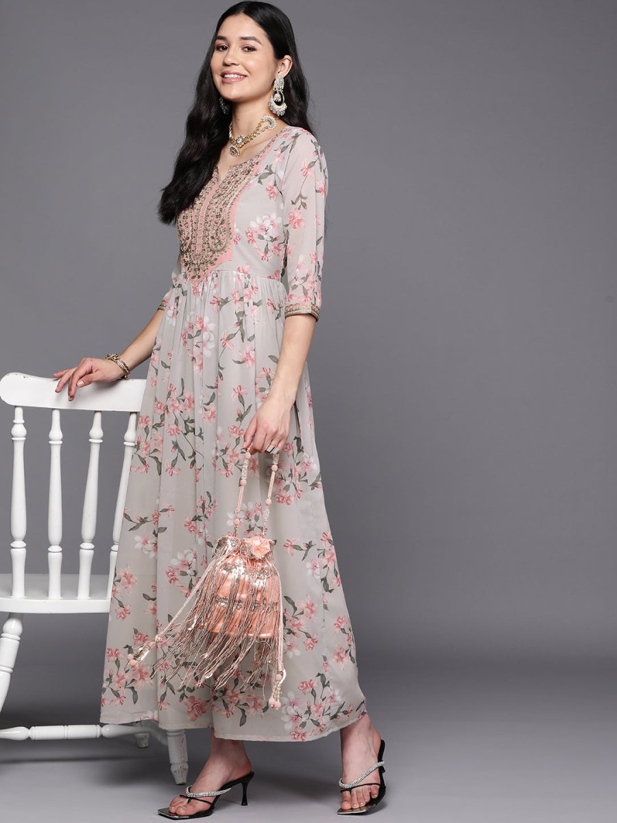Ahalyaa Women Embroidered Floral Printed Ethnic Dress | Swadesiicart