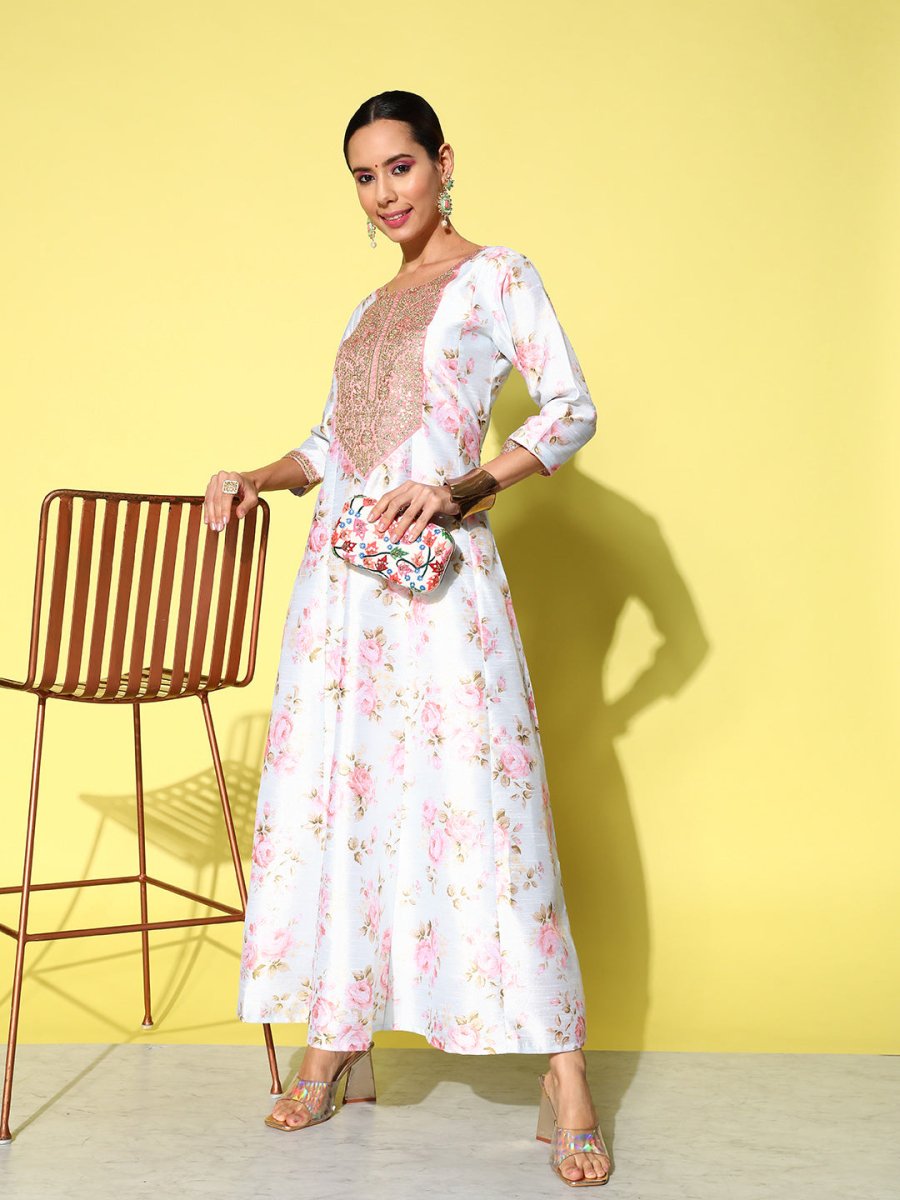 Ahalyaa Embroidered Floral Printed Ethnic A-Line Maxi Dress | Swadesiicart