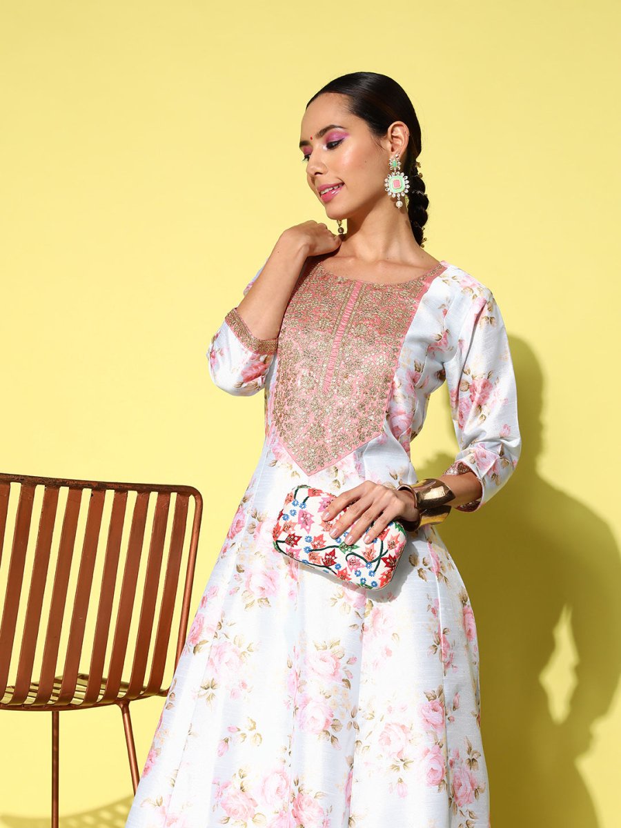 Ahalyaa Embroidered Floral Printed Ethnic A-Line Maxi Dress | Swadesiicart