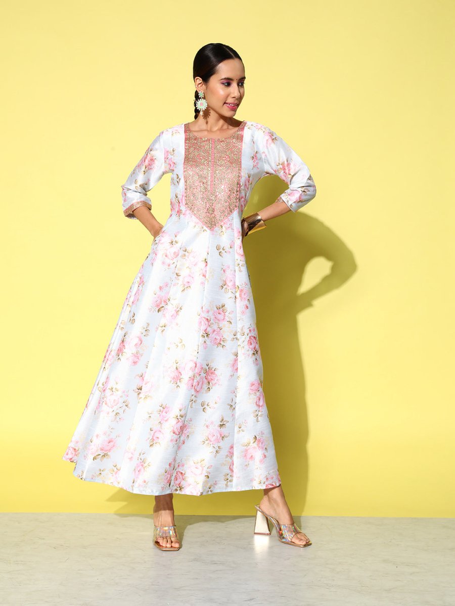 Ahalyaa Embroidered Floral Printed Ethnic A-Line Maxi Dress | Swadesiicart
