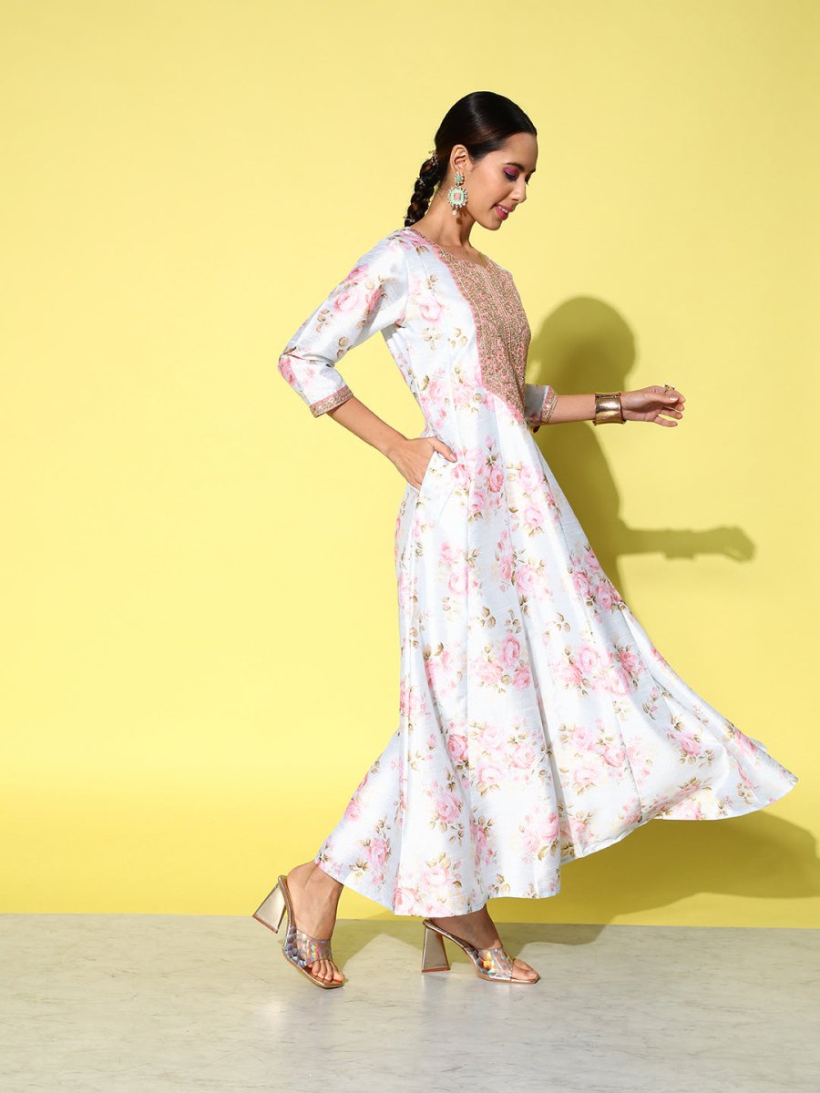 Ahalyaa Embroidered Floral Printed Ethnic A-Line Maxi Dress | Swadesiicart