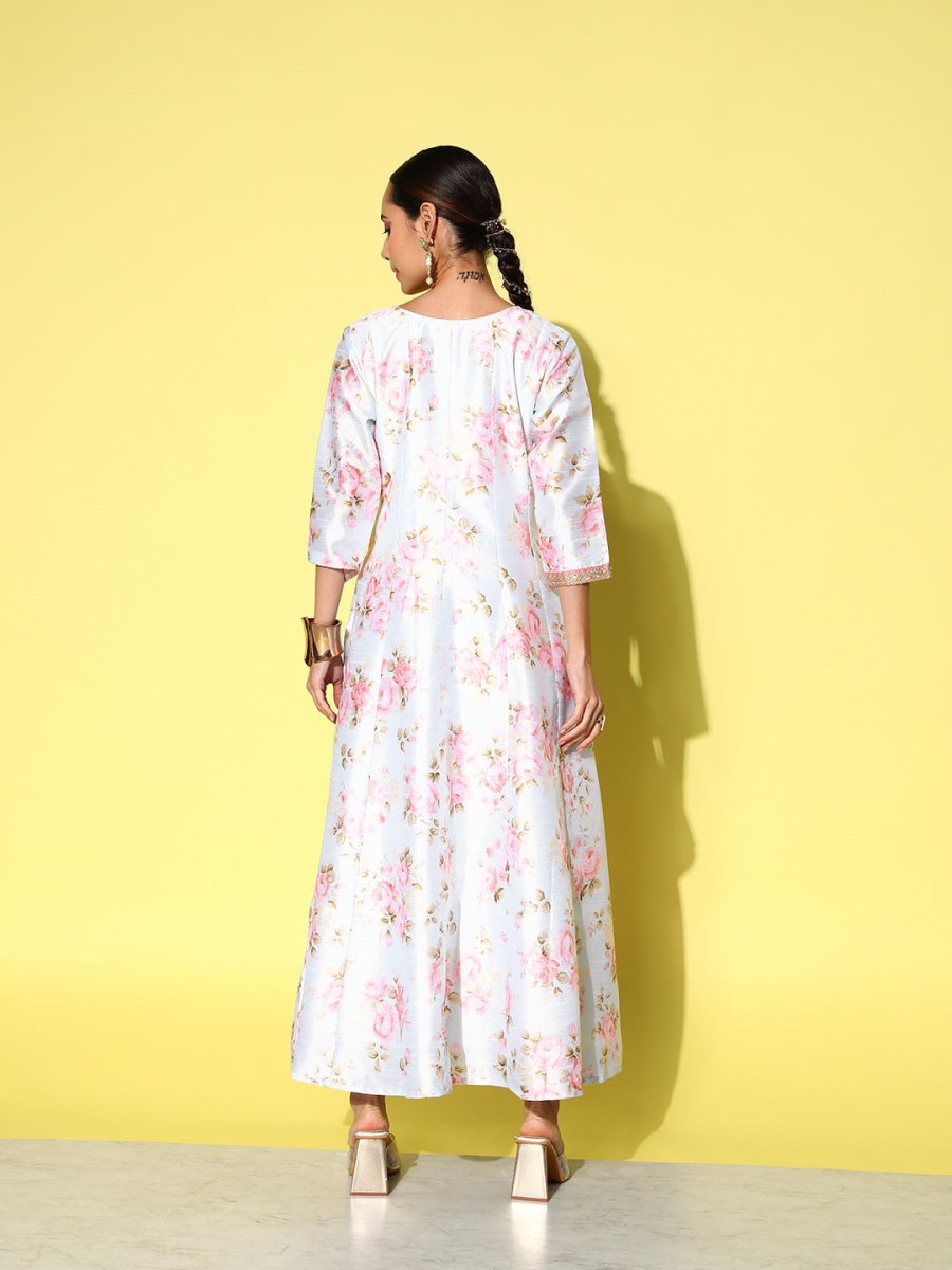 Ahalyaa Embroidered Floral Printed Ethnic A-Line Maxi Dress | Swadesiicart