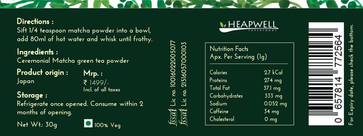 Heapwell Superfoods Japanese Ceremonial Matcha Green Tea | Swadesiicart