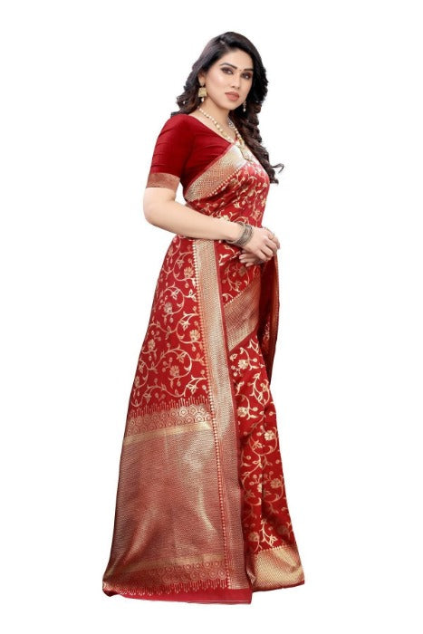 Vamika Banarasi Jacquard Weaving Red Saree (PARINITI RED) | Swadesiicart