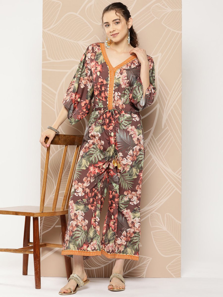 Ahalyaa Printed Waist Tie-Ups Basic Jumpsuit | Swadesiicart