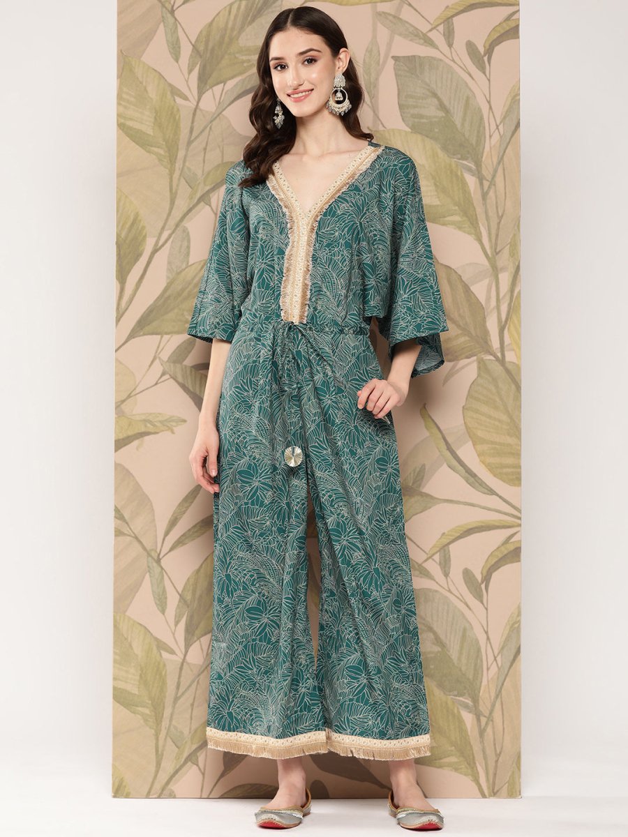 Ahalyaa Printed Basic Jumpsuit with Lace Inserts | Swadesiicart