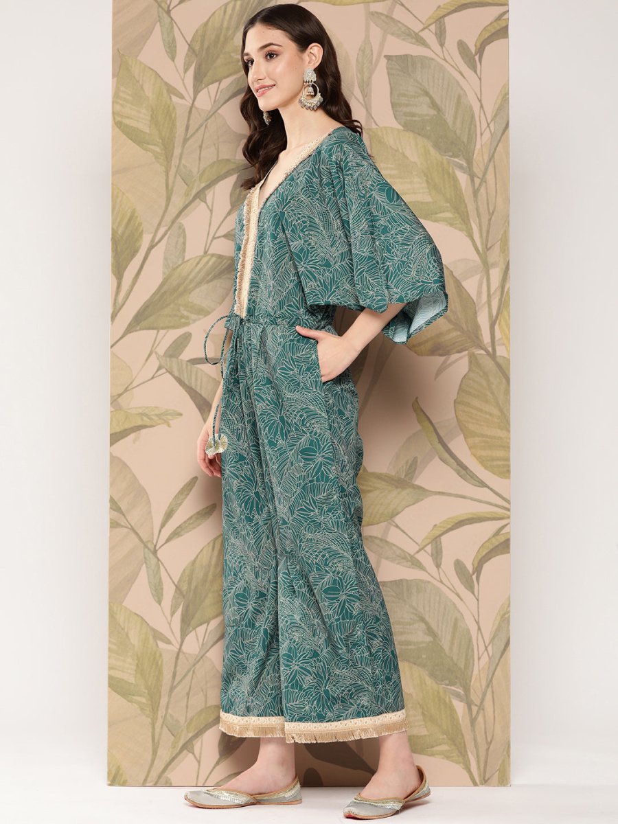 Ahalyaa Printed Basic Jumpsuit with Lace Inserts | Swadesiicart