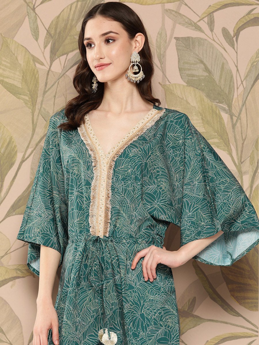 Ahalyaa Printed Basic Jumpsuit with Lace Inserts | Swadesiicart