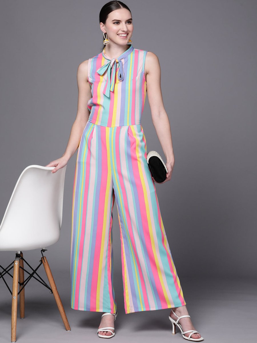 Ahalyaa Multicoloured Striped Basic Jumpsuit | Swadesiicart