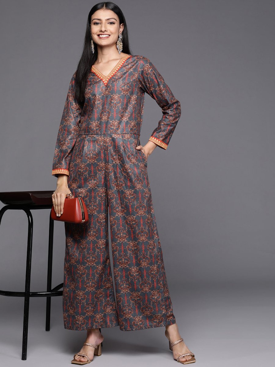 Ahalyaa Grey & Brown Velvet Printed Basic Jumpsuit with Pocket | Swadesiicart