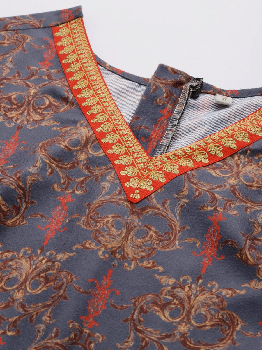Ahalyaa Grey & Brown Velvet Printed Basic Jumpsuit with Pocket | Swadesiicart