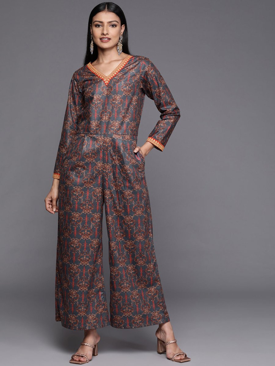 Ahalyaa Grey & Brown Velvet Printed Basic Jumpsuit with Pocket | Swadesiicart