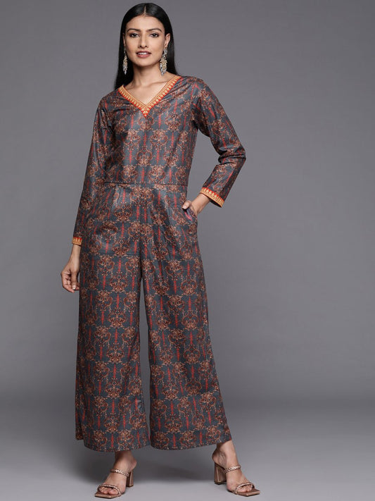 Ahalyaa Grey & Brown Velvet Printed Basic Jumpsuit with Pocket | Swadesiicart