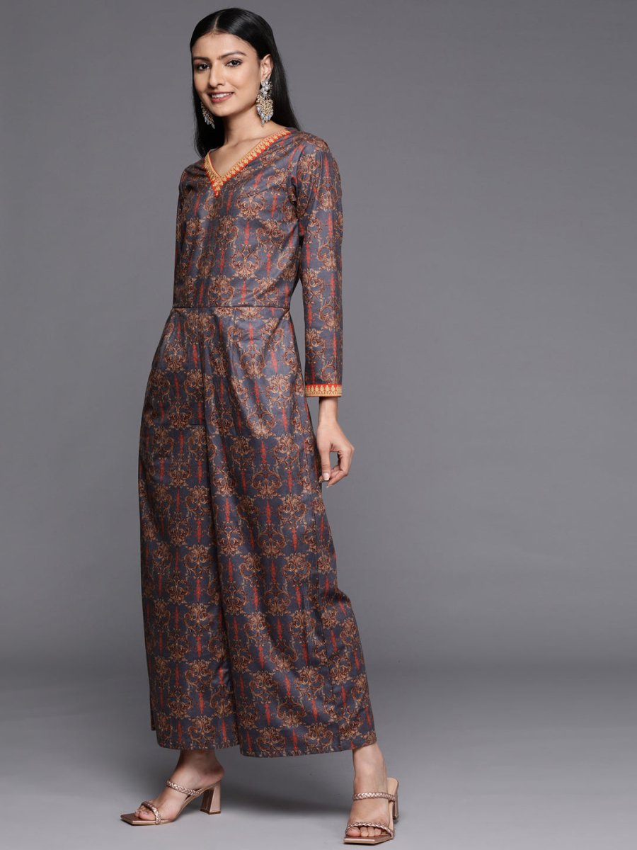 Ahalyaa Grey & Brown Velvet Printed Basic Jumpsuit with Pocket | Swadesiicart