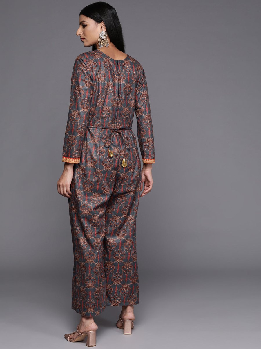 Ahalyaa Grey & Brown Velvet Printed Basic Jumpsuit with Pocket | Swadesiicart