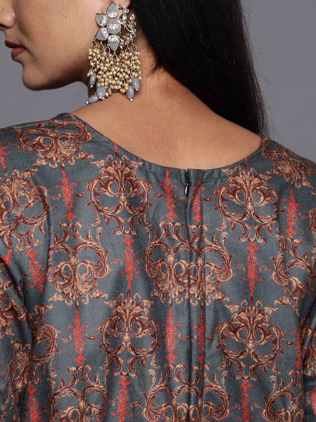 Ahalyaa Grey & Brown Velvet Printed Basic Jumpsuit with Pocket | Swadesiicart