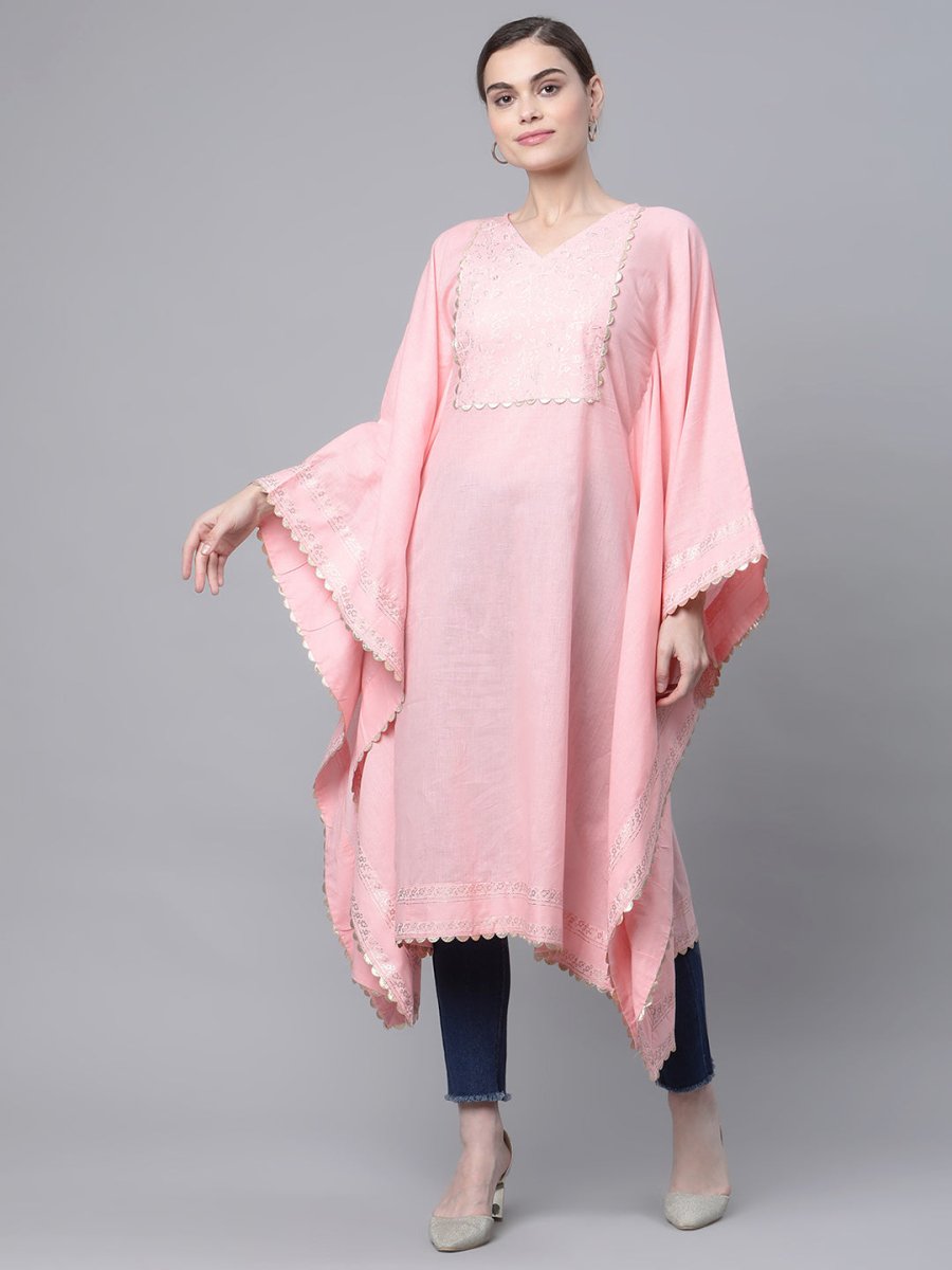 Ahalyaa Women Light Pink Pure Cotton Printed Flared Sleeve Kaftan Kurta | Swadesiicart