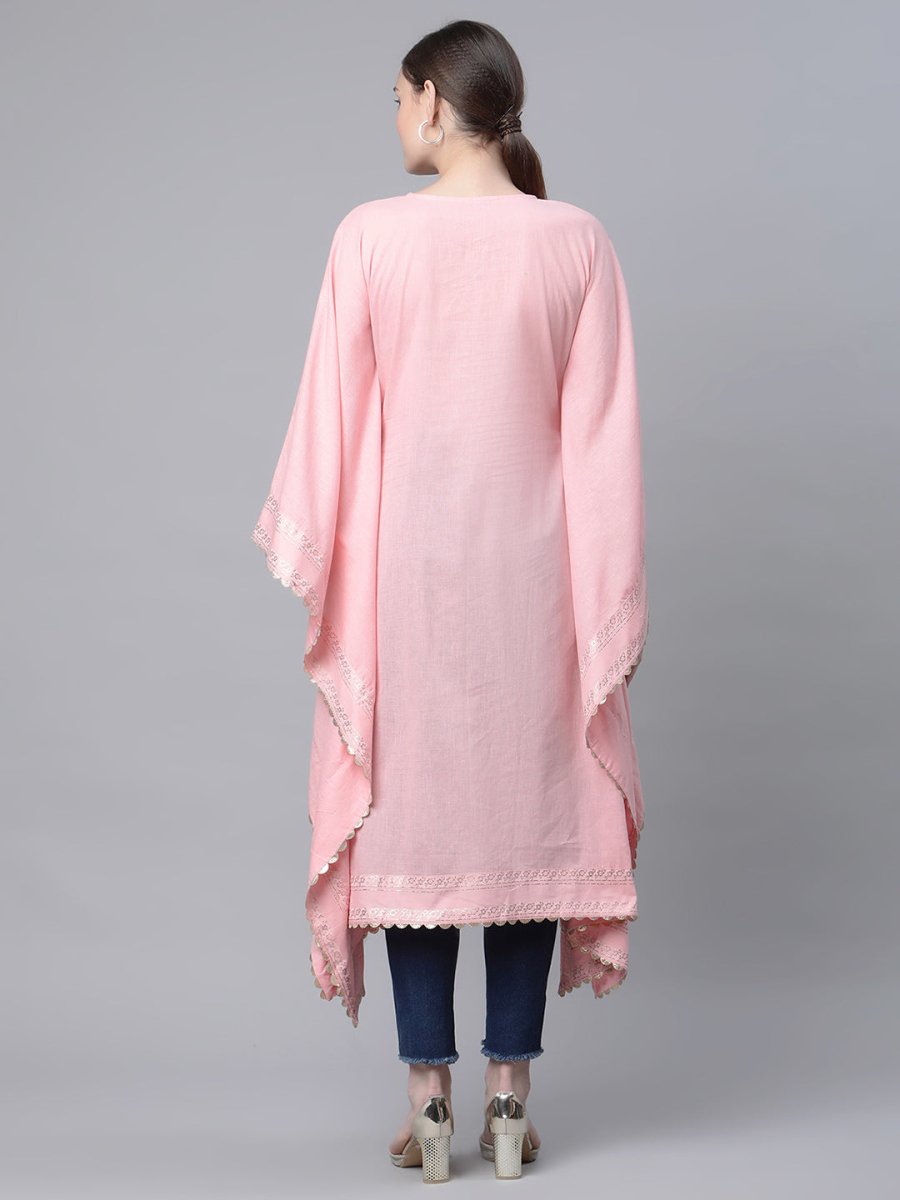 Ahalyaa Women Light Pink Pure Cotton Printed Flared Sleeve Kaftan Kurta | Swadesiicart