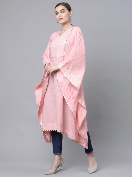 Ahalyaa Women Light Pink Pure Cotton Printed Flared Sleeve Kaftan Kurta | Swadesiicart