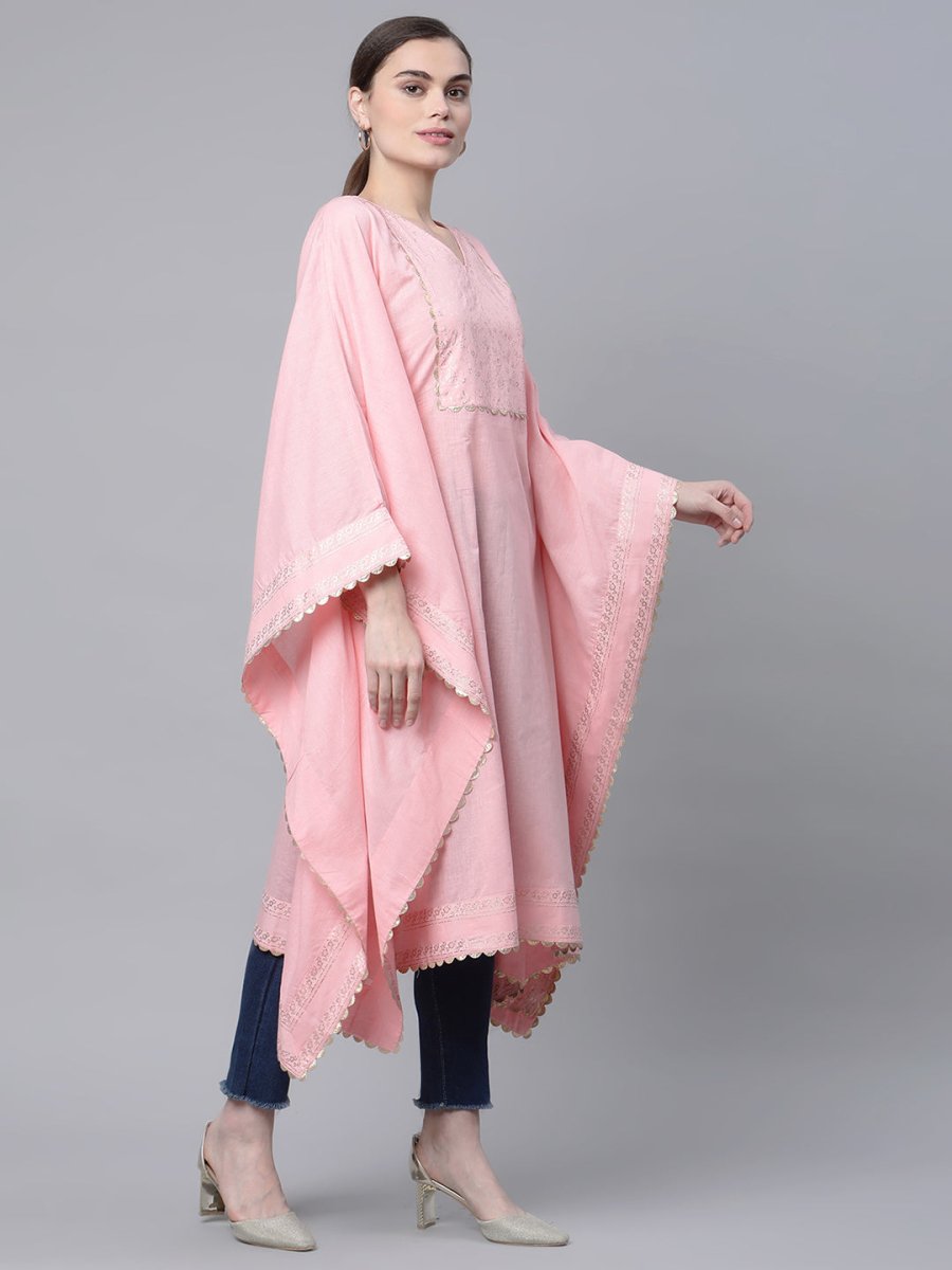 Ahalyaa Women Light Pink Pure Cotton Printed Flared Sleeve Kaftan Kurta | Swadesiicart