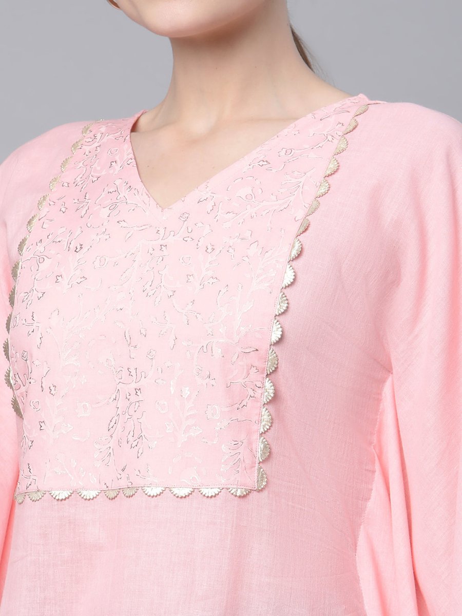 Ahalyaa Women Light Pink Pure Cotton Printed Flared Sleeve Kaftan Kurta | Swadesiicart