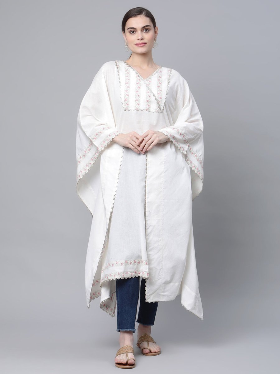 Ahalyaa Women Off white Pure Cotton Printed Flared Sleeve Kaftan Kurta | Swadesiicart