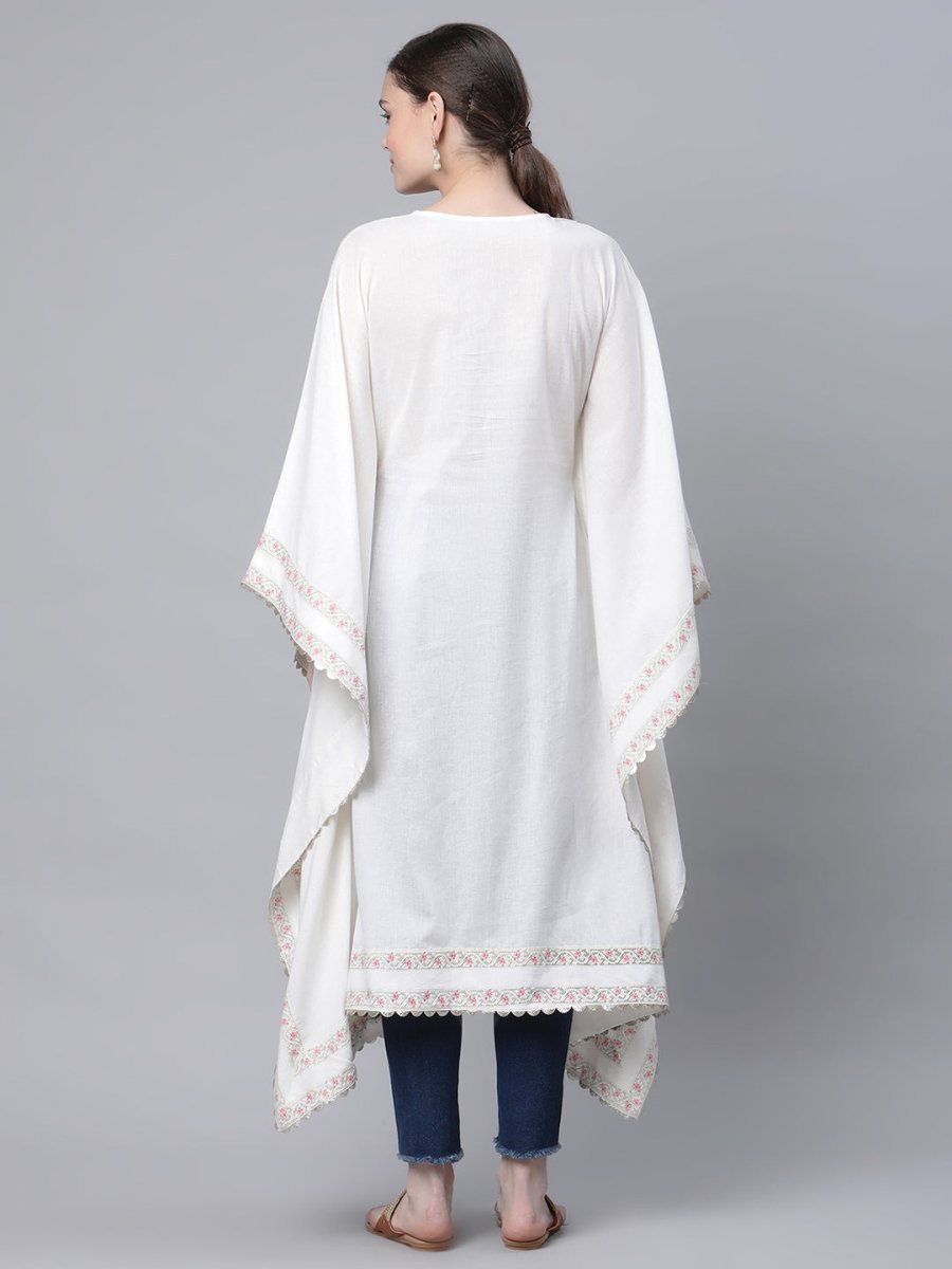 Ahalyaa Women Off white Pure Cotton Printed Flared Sleeve Kaftan Kurta | Swadesiicart