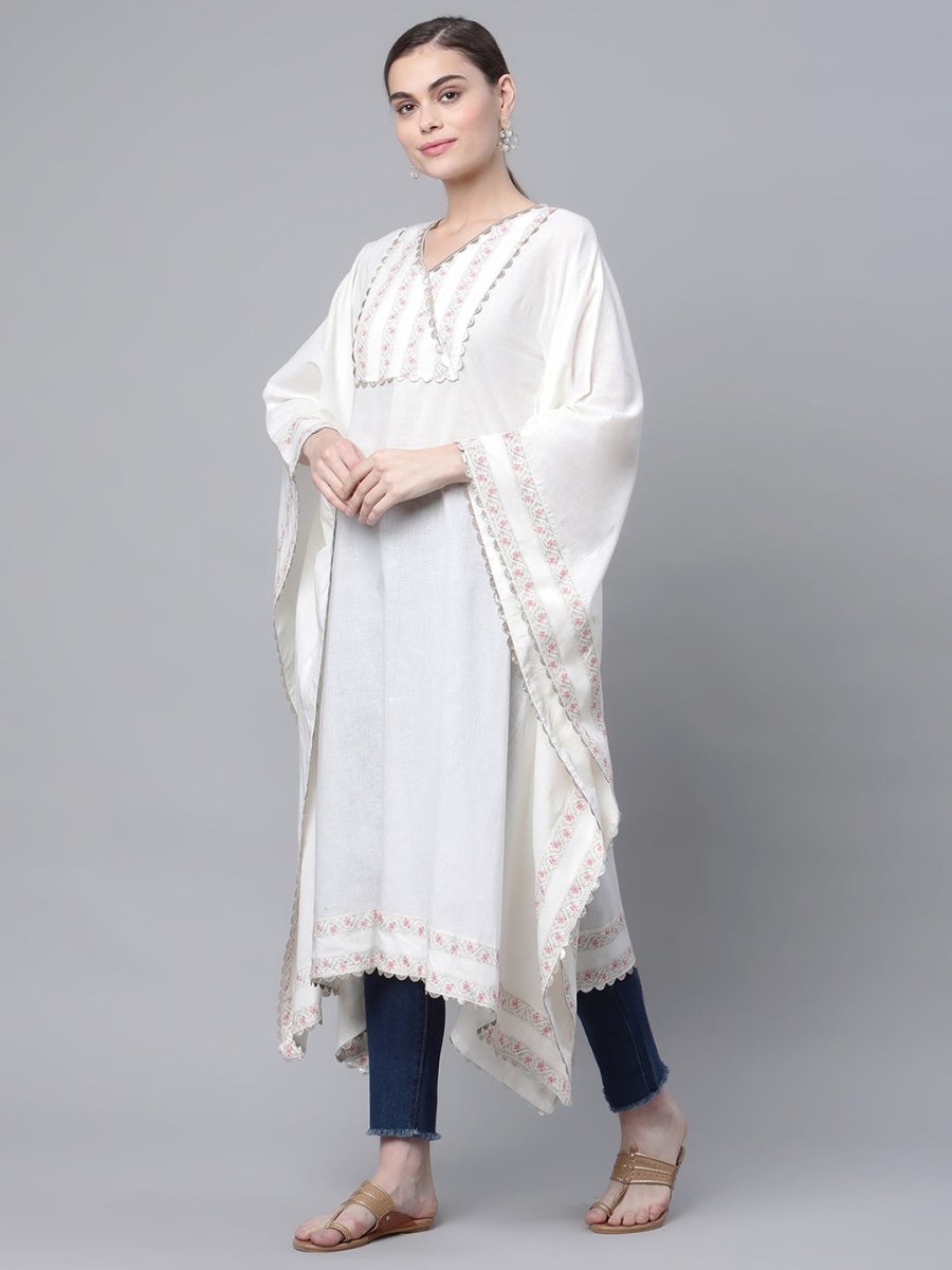 Ahalyaa Women Off white Pure Cotton Printed Flared Sleeve Kaftan Kurta | Swadesiicart