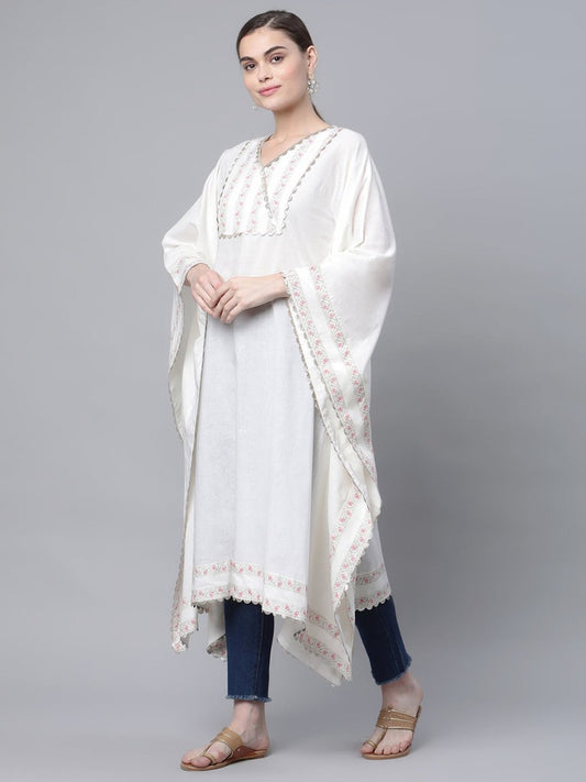 Ahalyaa Women Off white Pure Cotton Printed Flared Sleeve Kaftan Kurta | Swadesiicart