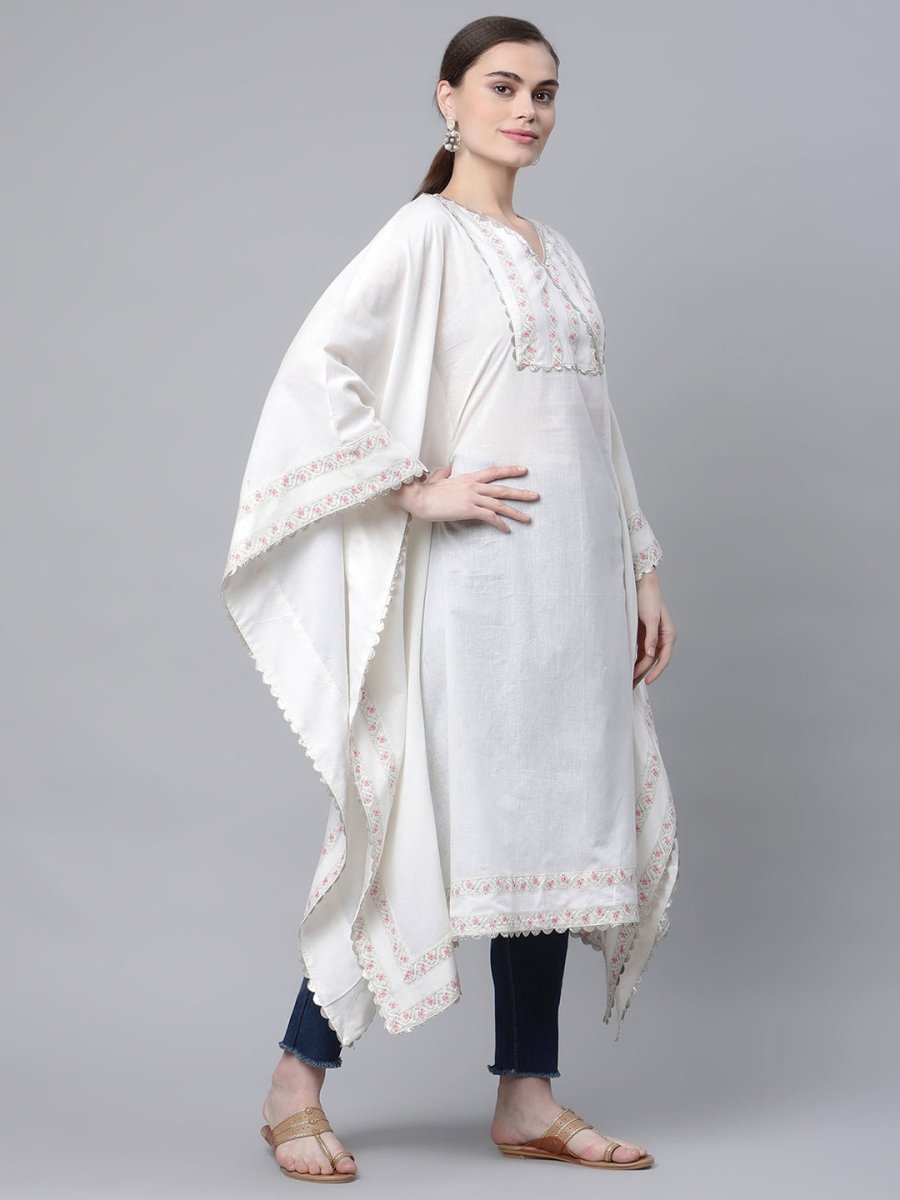 Ahalyaa Women Off white Pure Cotton Printed Flared Sleeve Kaftan Kurta | Swadesiicart